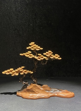 中式禅意松树人物奇石底座摆件树脂仿实木博古架玄关客厅装饰摆件