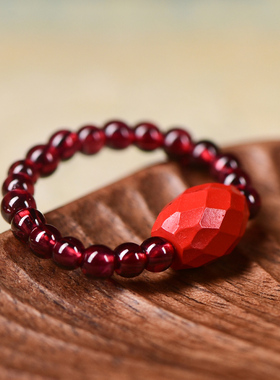 天然红朱砂戒指女款转运珠