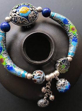 半镯46.5克烧蓝手链S925纯银复古民族做旧女生原创设计手串礼物