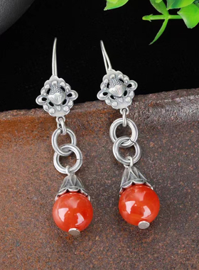 13.6克天然玛瑙珐琅泰银925纯银兰花流苏耳环耳钉耳饰