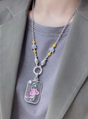 999.9万足银珐琅彩荷花平安大福袋原创复古民族风毛衣项链纯银吊