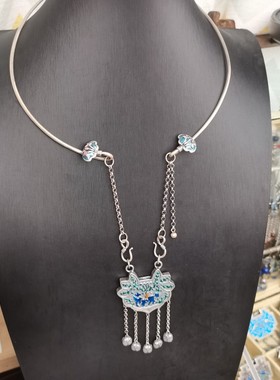 990足银烧蓝项圈女生原创设计复古