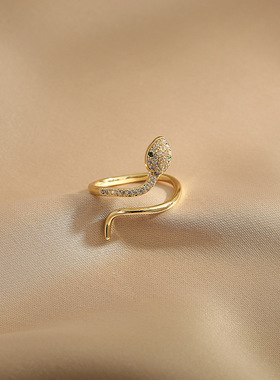 欧美气质简约蛇形锆石开口戒指百搭轻奢复古网红个性ins冷淡风潮