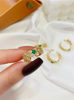 气质简约祖母绿镶钻开口戒指女小清新格纹百搭可调节指环食指