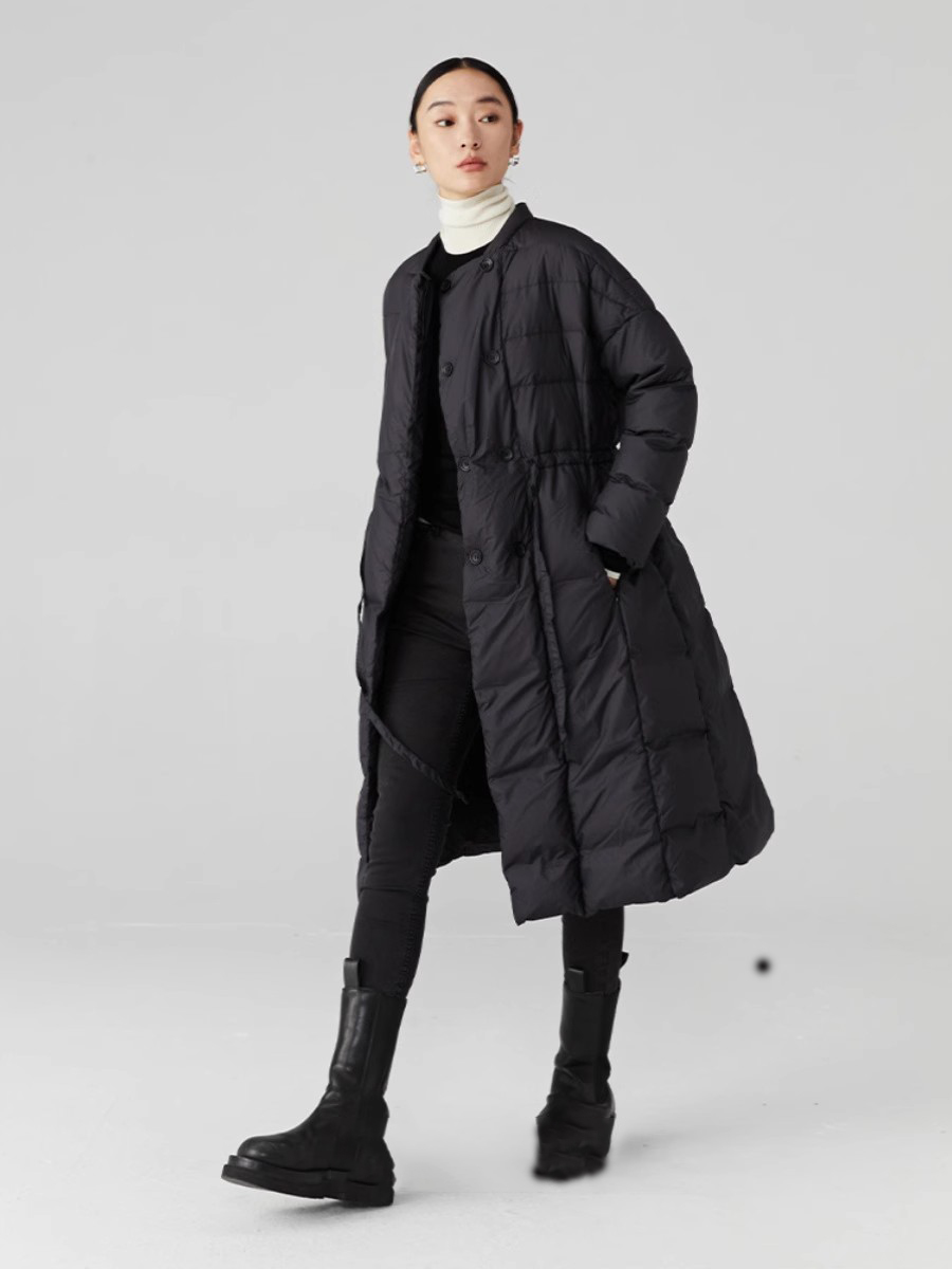 2025冬季新款收腰显瘦黑色羽绒服中长款白鹅绒轻薄保暖伞裙式外套 - 图1