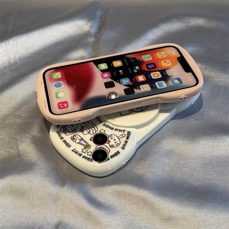 翻盖镜子支架适用iPhone15/14手机壳Promax日韩甜甜圈Kitty猫苹果13pro可爱11promax网红女12防摔套13软14pro