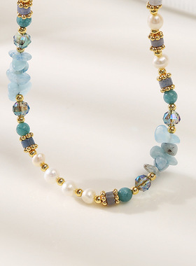 天然石海蓝宝水晶珍珠手链