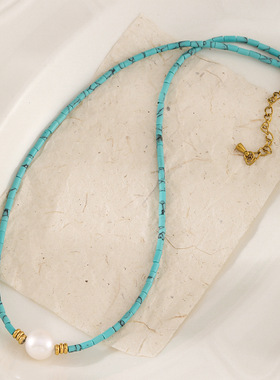 新中式绿松石淡水珍珠锁骨链女