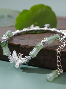 国潮复古古银竹节手串小清新铃铛