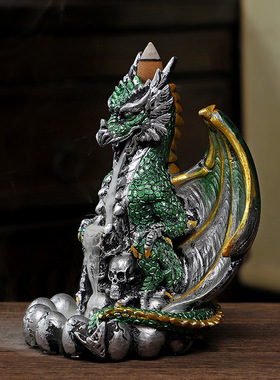 跨境新品战斗龙恐龙香炉摆件、万圣节家居装饰树脂工艺品倒流香炉