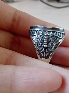 s925银复古风格兽图重叠戒指托