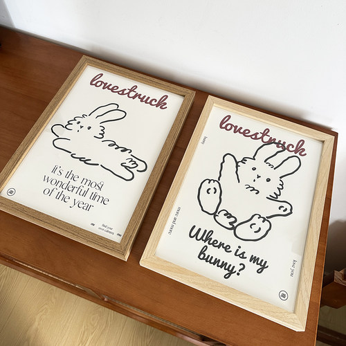 黑白线条兔子情绪插画治愈风卧室书房装饰画自粘油画布画芯不含框 - 图1