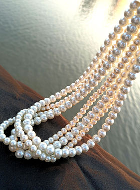 四眼笨笨猪多层缠绕珍珠项链女白色锁骨链