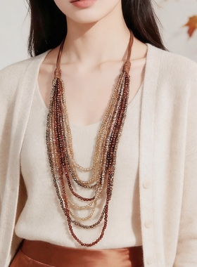 高级感咖色水晶项链女多层叠戴通勤穿搭锁骨链小众气质颈饰