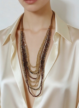 高级感咖色水晶项链女多层叠戴通勤穿搭锁骨链小众气质颈饰