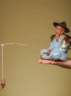 创意新中式紫砂人物姜太公老翁钓鱼客厅玄关鱼缸造景软装陶瓷摆件