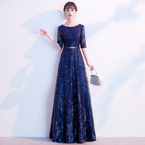蓝色亮片妈妈晚礼服女高级感气质高端年会主持人大合唱演出服长裙 - 图0