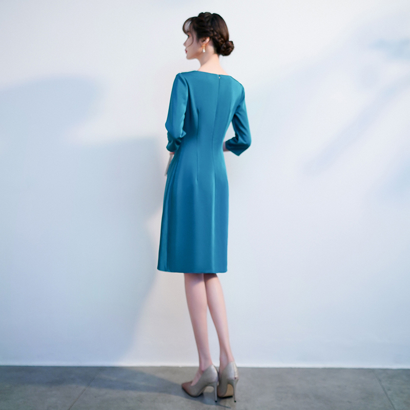 蓝色晚礼服女高级感气质宴会高端婚礼妈妈婚宴装敬酒服连衣裙长袖 - 图3