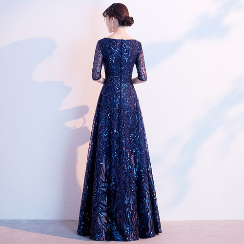 蓝色亮片妈妈晚礼服女高级感气质高端年会主持人大合唱演出服长裙 - 图3