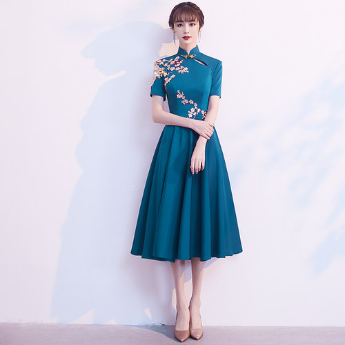 蓝色妈妈婚宴晚礼服女高级感气质宴会轻奢小众高端中式婚礼敬酒服 - 图0