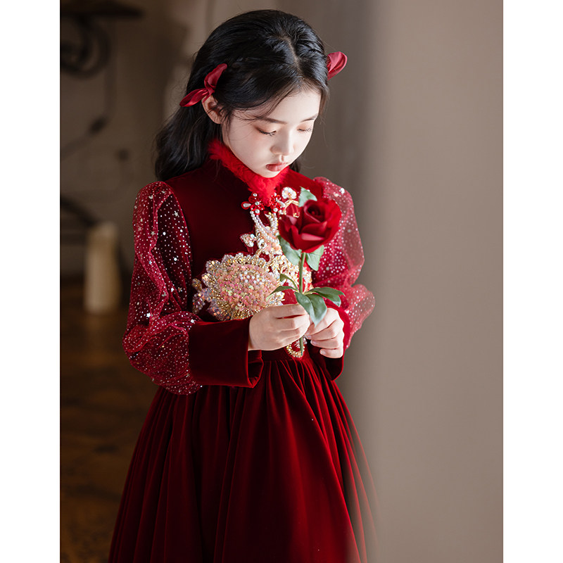 高端女童旗袍礼服裙秋冬红色丝绒厚款保暖长袖儿童公主过年拜年服,淘宝优惠券,粉丝福利购,淘宝优惠卷