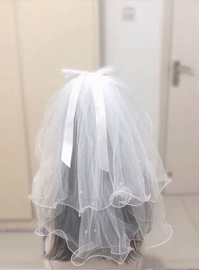 头纱头饰超仙森系网红拍照道具新娘主婚纱领证白色蝴蝶结珍珠蓬蓬