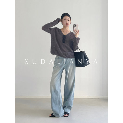 徐大脸吖定制 新疆棉浅色牛仔蓝直筒长裤春秋宽松阔腿牛仔裤子女 - 图3