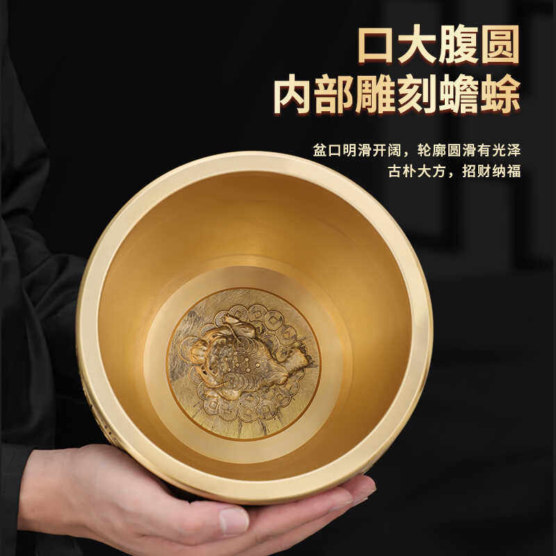 黄铜米缸金蟾百福缸聚宝盆家居摆件工艺品精雕聚财米缸铜缸供水杯