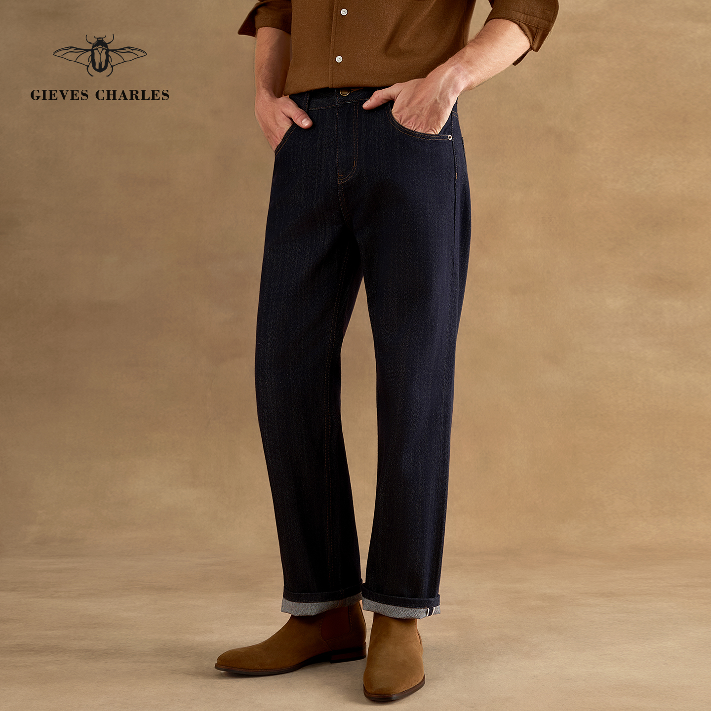 【25秋季新品】12.5oz重磅赤耳丹宁经典阔腿直筒休闲纯棉牛仔裤男 - 图1