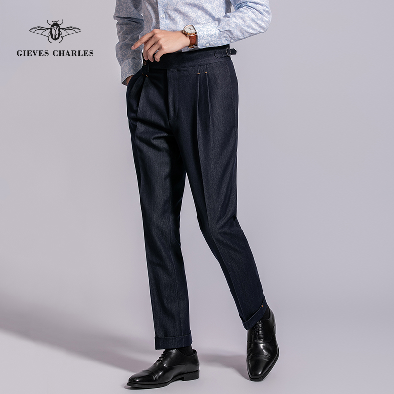 GIEVES CHARLES限量版高腰牛仔双褶西裤男士休闲修身直筒西服裤子 - 图3