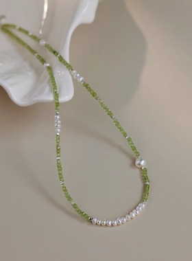 异形小颗粒淡水珍珠橄榄石项链气质网红小清新绿色天然石锁骨