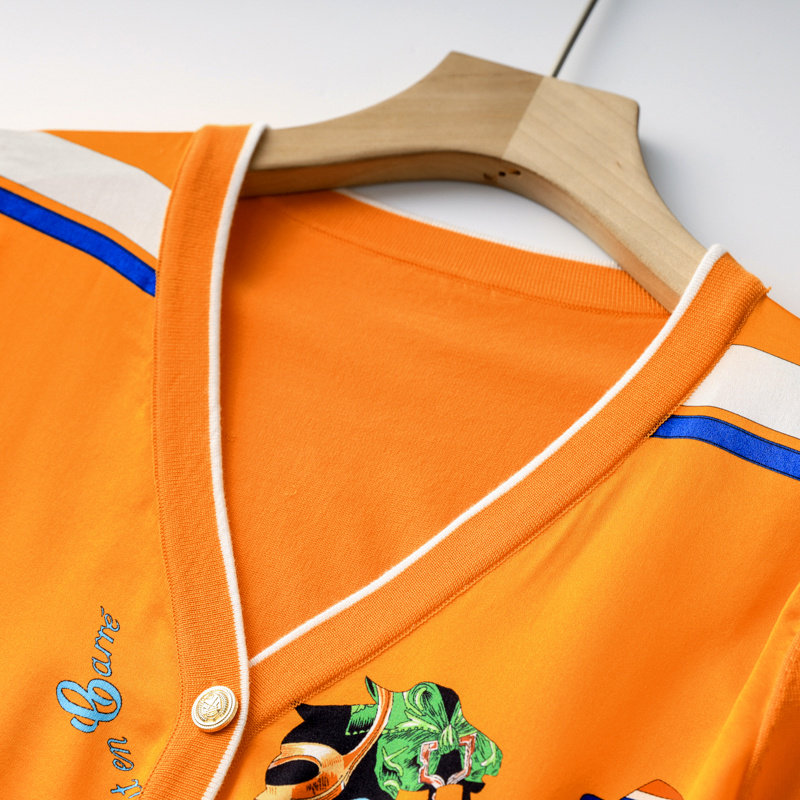 爱马真丝世家 2023秋季印花桑蚕丝女装橘色V领羊毛长袖拼接开衫,淘宝优惠券,粉丝福利购,淘宝优惠卷