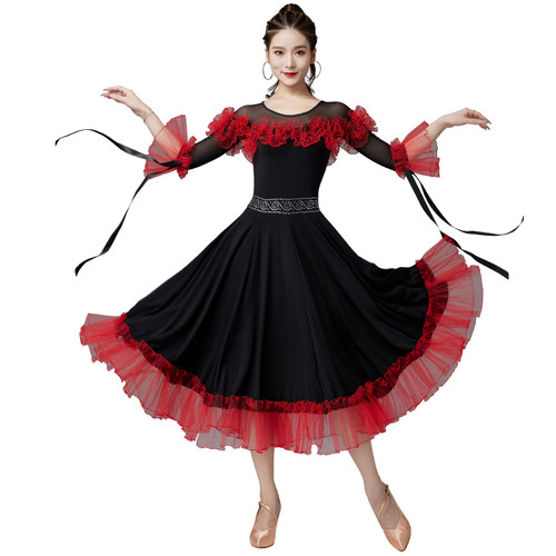 国标舞裙新款2026比赛表演出摩登华尔兹交谊际舞蹈大摆烫钻连衣裙 - 图3