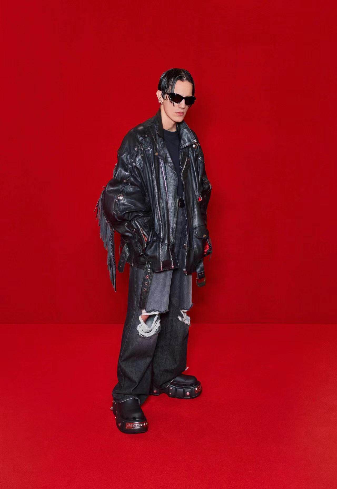 MRLEE independent style wookvibe KANYE same style black denim style water cowhide fringed jacket