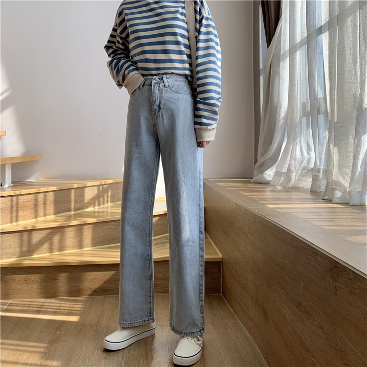 浅色女宽松高腰显瘦显高阔腿牛仔裤 韩宝露女装牛仔裤