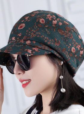 新款中老年2026帽子早秋时装印花布碎花褶皱妈妈平顶帽洋气鸭舌帽