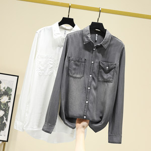 双口袋白色衬衫女春秋新款牛仔棉衬衣休闲韩版宽松bf风上衣开衫女