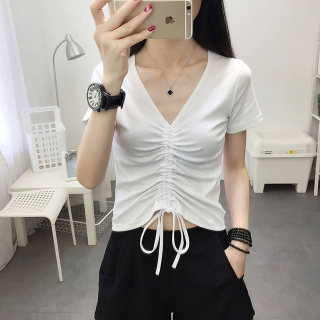 ຊື້ຫນຶ່ງໄດ້ຮັບຫນຶ່ງຟຣີ threaded ຝ້າຍຄໍ V slim drawstring ເທິງສໍາລັບແມ່ຍິງ summer niche ການອອກແບບເສື້ອທີເຊີດແຂນສັ້ນ bottoming ເສື້ອສໍາລັບແມ່ຍິງ