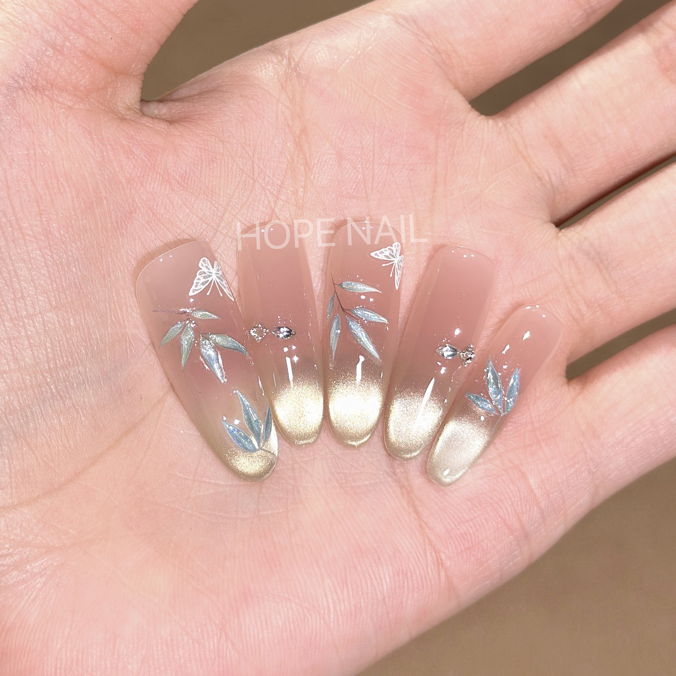 【烟雨江南】国风竹子玻璃珠猫眼手工穿戴甲清冷感蝴蝶腮红美甲贴,淘宝优惠券,粉丝福利购,淘宝优惠卷