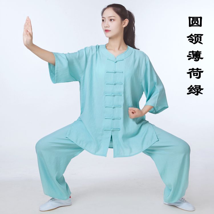 降价春夏薄款太极服女士短袖棉麻棉绸中老年八段锦练功服男装透气-图0