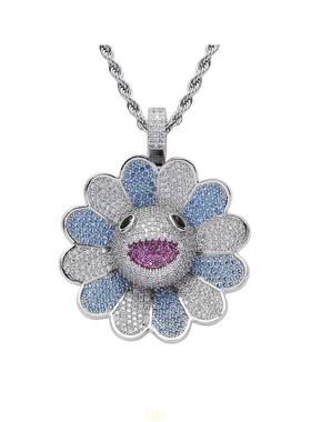 欧美项链男嘻哈太阳花吊坠微镶锆石潮牌个性七彩花朵可旋转吊坠