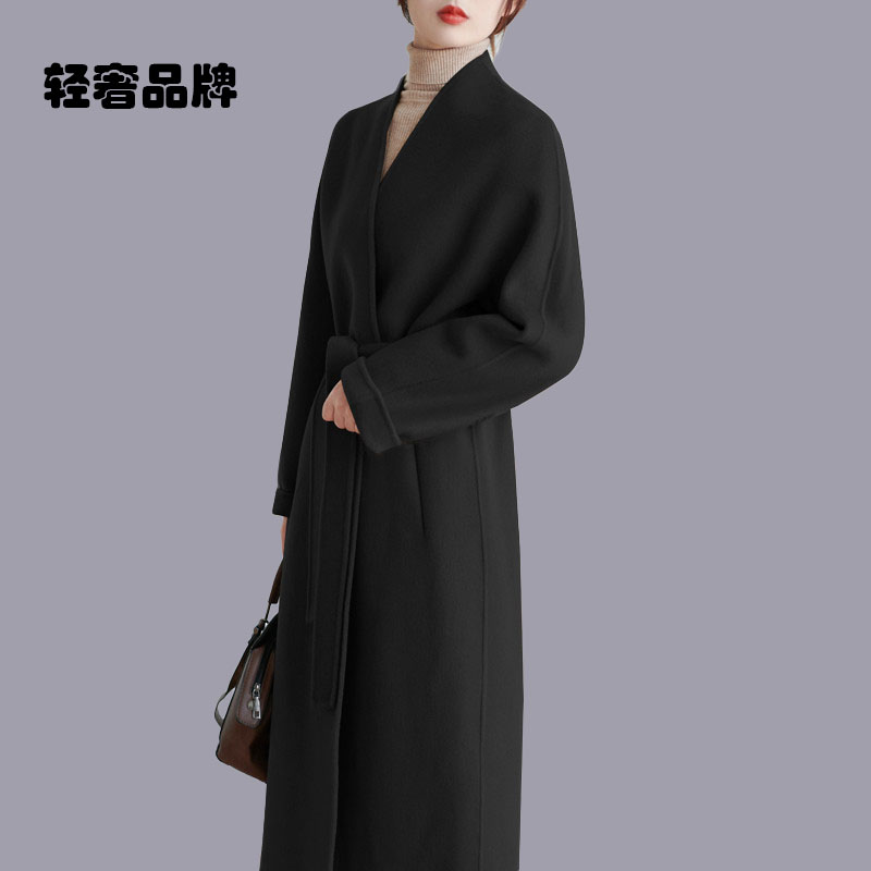 约定无领双面呢羊毛大衣中长款女简约宽松直筒系带毛呢外套 - 图0