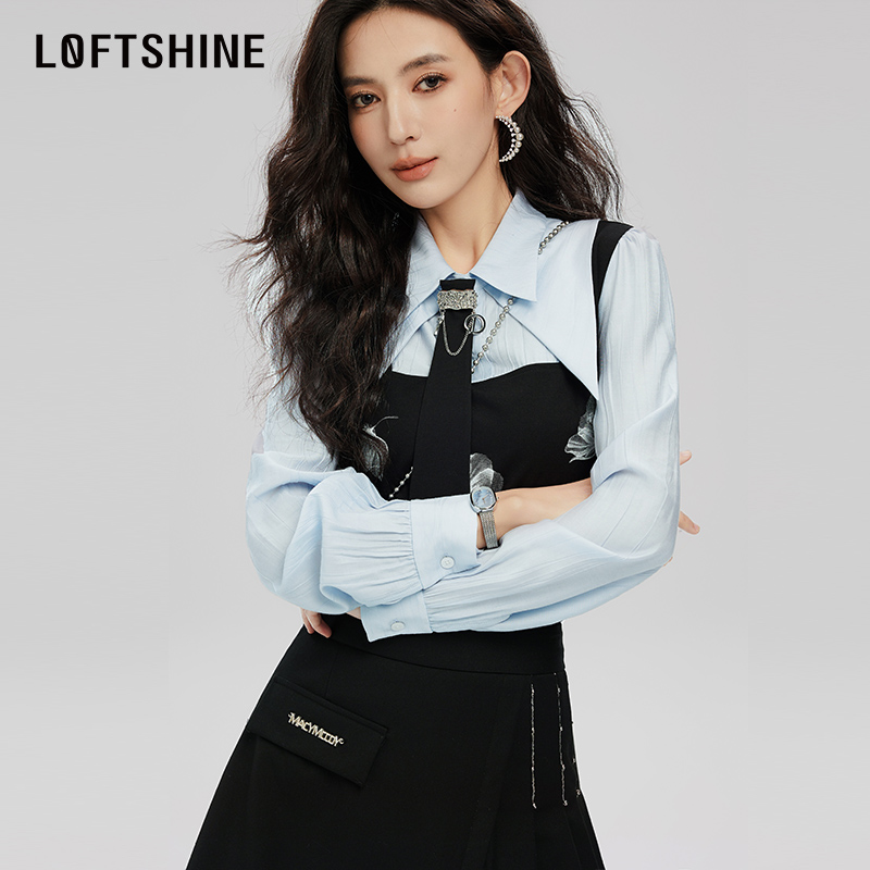 LOFTSHINE珞炫法式拼接上衣女2024春季新款洋气假两件气质衬衫-图0