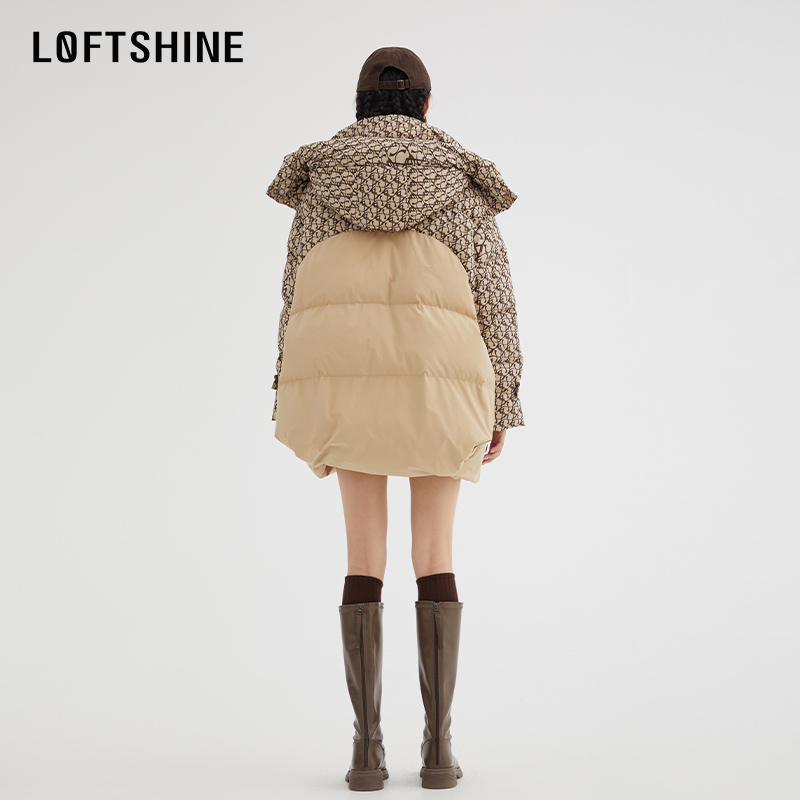 LOFTSHINE珞炫冬季羽绒服女款复古拼接设计中长款外套32502138