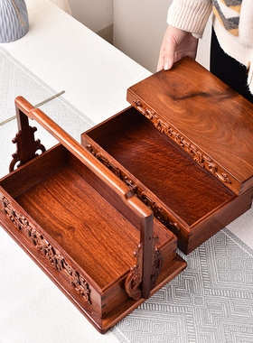 缅甸花梨螭龙纹木质箱提篮茶具收纳箱户外茶盘便携提盒双层食盒