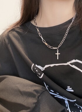 嘻哈原宿风多层十字架潮男项链