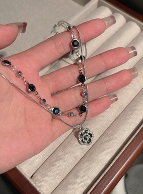 双层叠戴玫瑰锆石卫衣项链女夏气质百搭锁骨链轻奢小众高级配饰