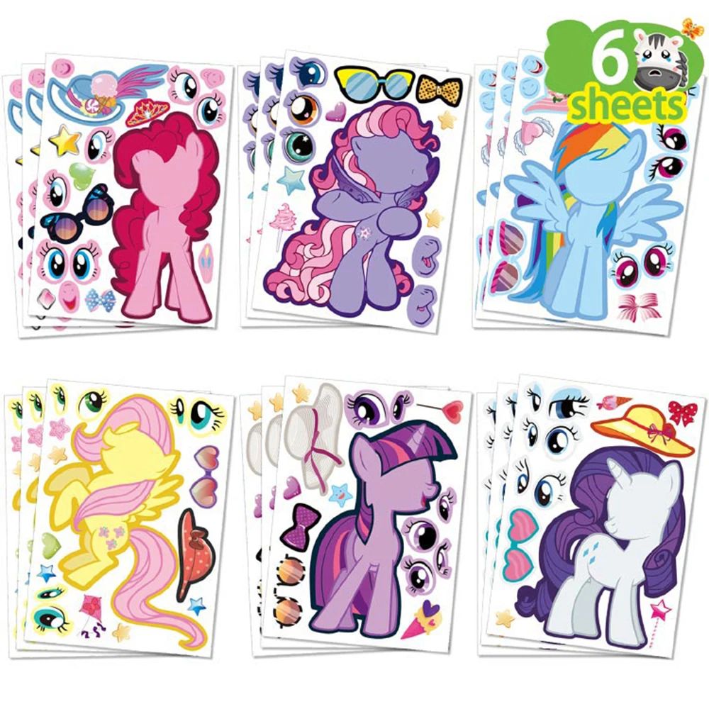 6/12Sheets DIY Pony Puzzle Stickers Make a Face Cute Unicorn-图0