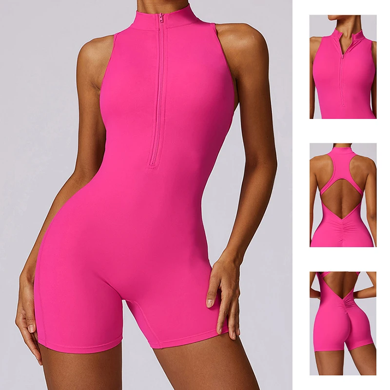 New V Back Scrunch Sports Jumpsuit Women Gym Rompers Sleevel - 图0
