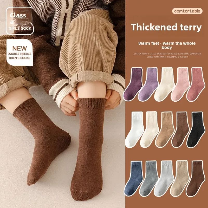 5 Pairs-Kids Fleece Lined Thermal Socks Winter Warm Mid Cuff - 图1